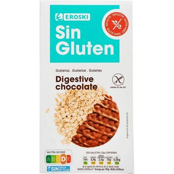 Galleta Digestive de avena-choco sin gluten EROSKI, caja 165 g - 0.17 kg - Imagen del producto en Findit