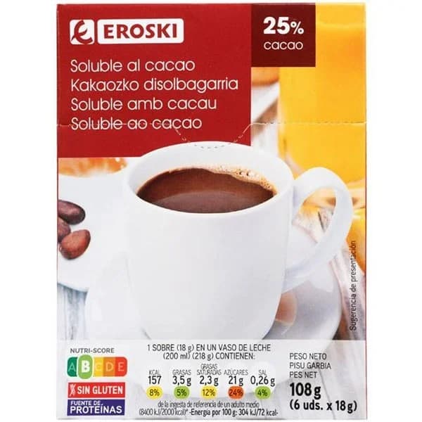 Soluble de cacao en sobres EROSKI, pack 6x18 g - 0.11 kg - Imagen del producto en Findit