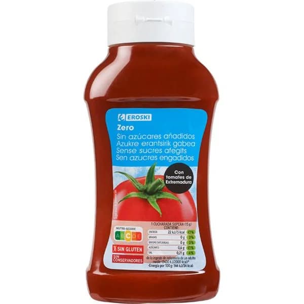 Salsa tomate zero azucares añadidos EROSKI, bote 530 g - 0.53 kg - Imagen del producto en Findit