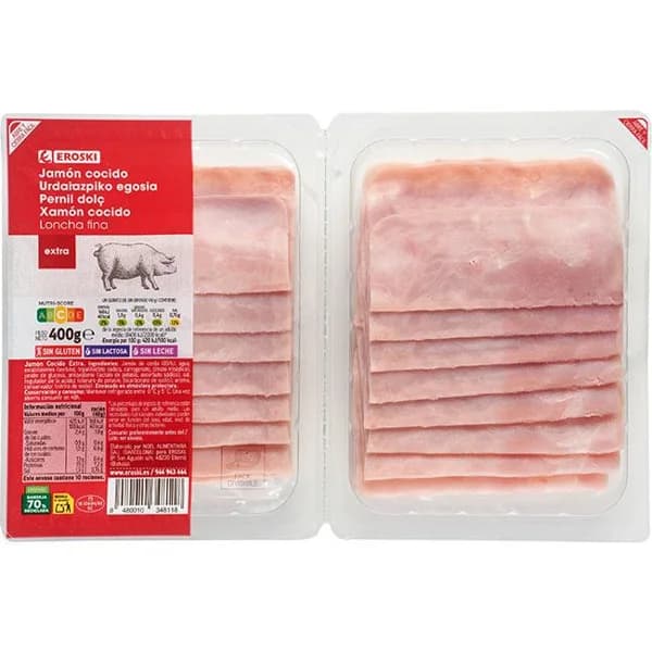 Jamón cocido EROSKI, pack 2x200 g - 0.4 kg - Imagen del producto en Findit