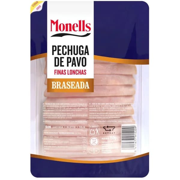 Pechuga de pavo braseada lonchas finas MONELLS, bandeja 150 g - 0.15 kg - Imagen del producto en Findit