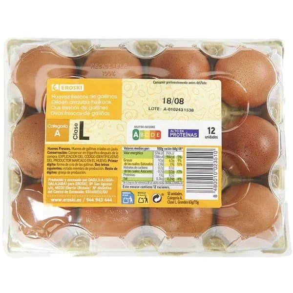 Huevo fresco L EROSKI, cartón 12 uds. - 1 ud - Imagen del producto en Findit