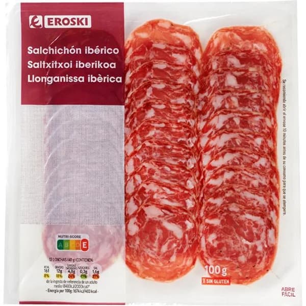 Salchichón ibérico extra EROSKI, sobre 100 g - 0.1 kg - Imagen del producto en Findit