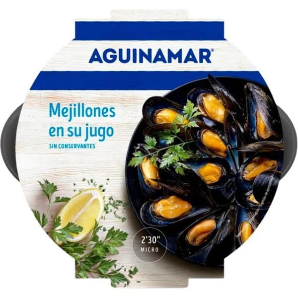 Mejillones cocidos en su jugo AGUINAMAR, bandeja 500 g - 0.5 kg - Imagen del producto en Findit
