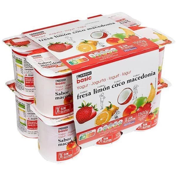 Yogur sabor fresa-limón-coc-maced.EROSKI basic, pack 12x125g - 1 ud - Imagen del producto en Findit