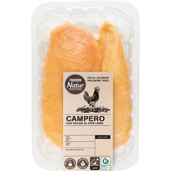 Pechuga fileteada de pollo campero EROSKI NATUR, bandeja aprox. 550 g - 0.55 kg - Imagen del producto en Findit