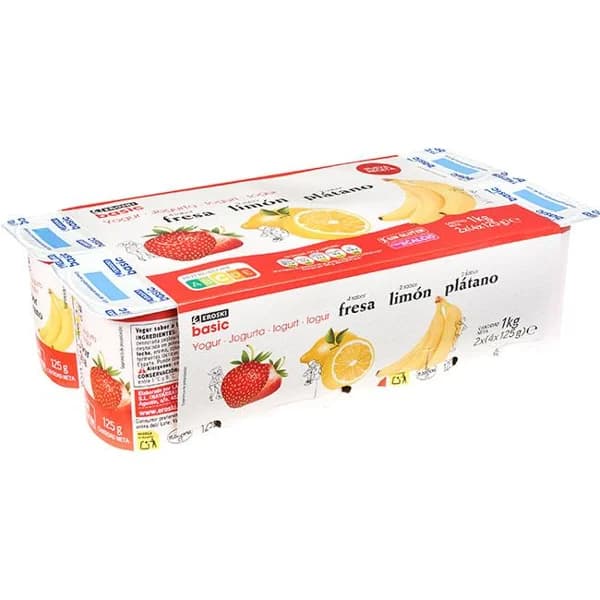 Yogur sabor fresa-plátano-limón EROSKI BASIC, pack 8x125 g - 1 kg - Imagen del producto en Findit