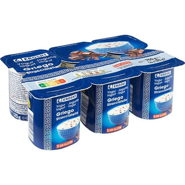 Yogur griego straciattella EROSKI, pack 6x125 g - 0.75 kg - Imagen del producto en Findit