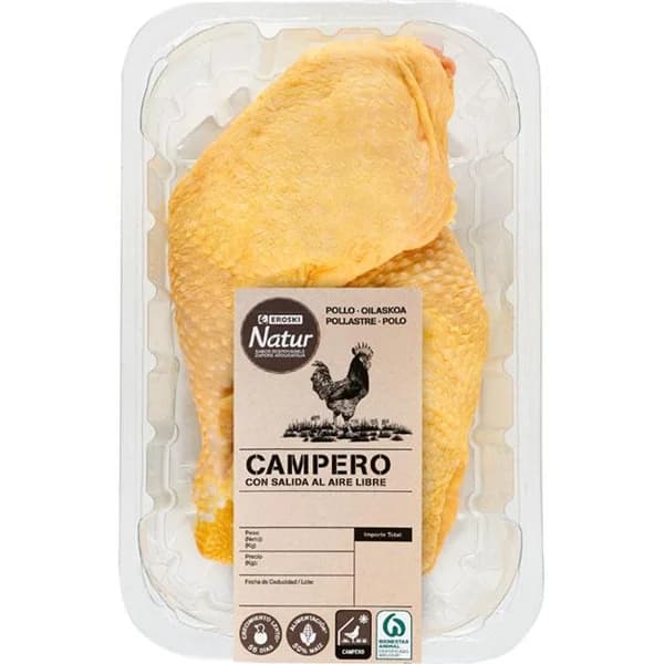 Muslos de pollo campero EROSKI NATUR, bandeja aprox. 550 g - 0.55 kg - Imagen del producto en Findit