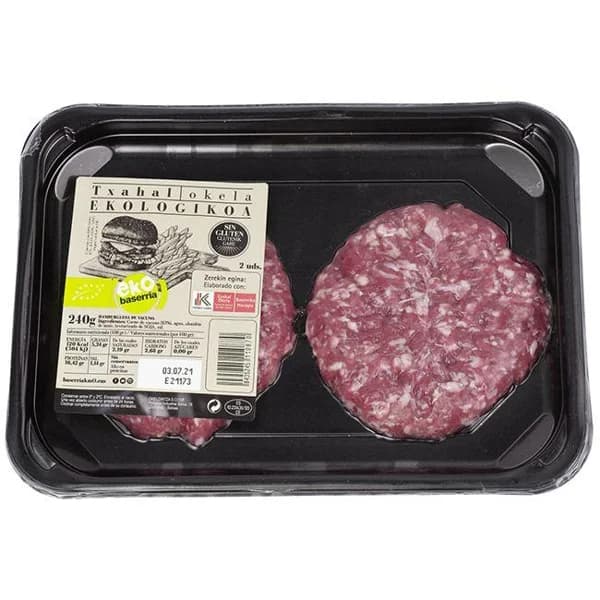 Hamburguesa de ternera ecológica x2 EUSKO LABEL, bandeja 400 g - 1 ud - Imagen del producto en Findit