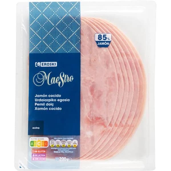 Jamón cocido extra EROSKI MAESTRO MAESTRO, sobre 200 g - 0.2 kg - Imagen del producto en Findit