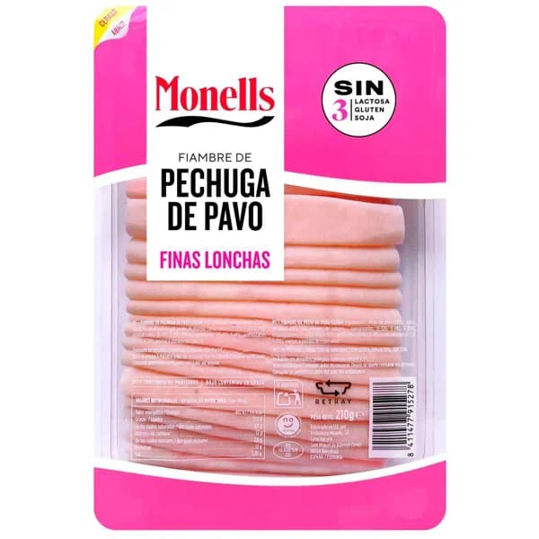 Pechuga de pavo extrajugosa MONELLS,  lonchas finas, sobre 210 g - 0.21 kg - Imagen del producto en Findit