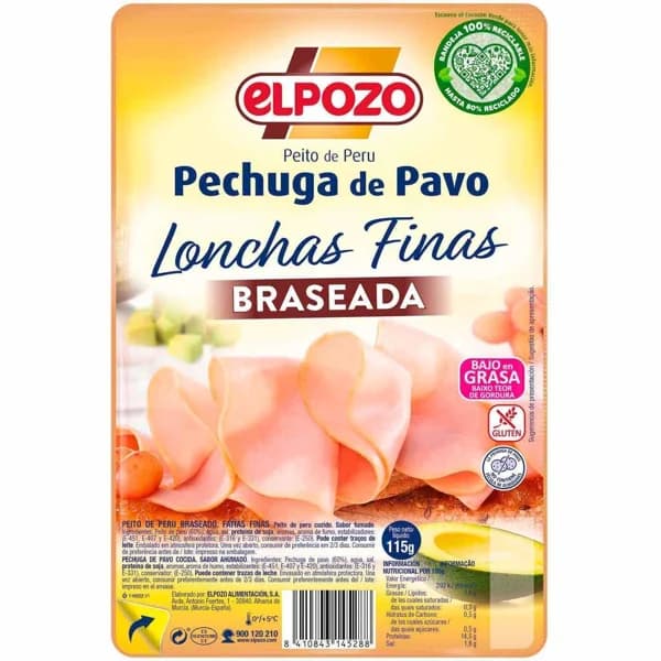 Pechuga de pavo braseado ELPOZO, lonchas finas, bandeja 115 g - 0.12 kg - Imagen del producto en Findit