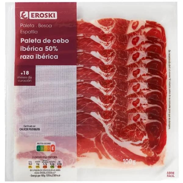 Paleta de cebo ibérica 50% raza ibérica EROSKI, sobre 100 g - 0.1 kg - Imagen del producto en Findit