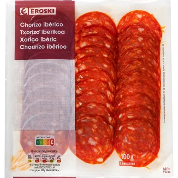 Chorizo ibérico extra EROSKI, sobre 100 g - 0.1 kg - Imagen del producto en Findit