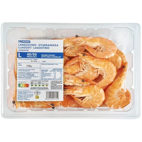 Langostino cocido calibre 40/50 EROSKI, bandeja 450 g - 0.45 kg - Imagen del producto en Findit