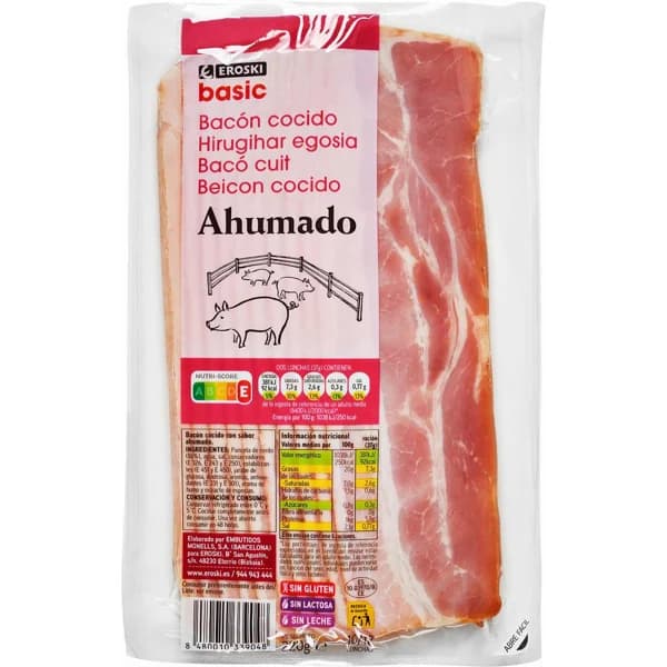 Bacón cocido y ahumado EROSKI BASIC, sobre 220 g - 0.22 kg - Imagen del producto en Findit