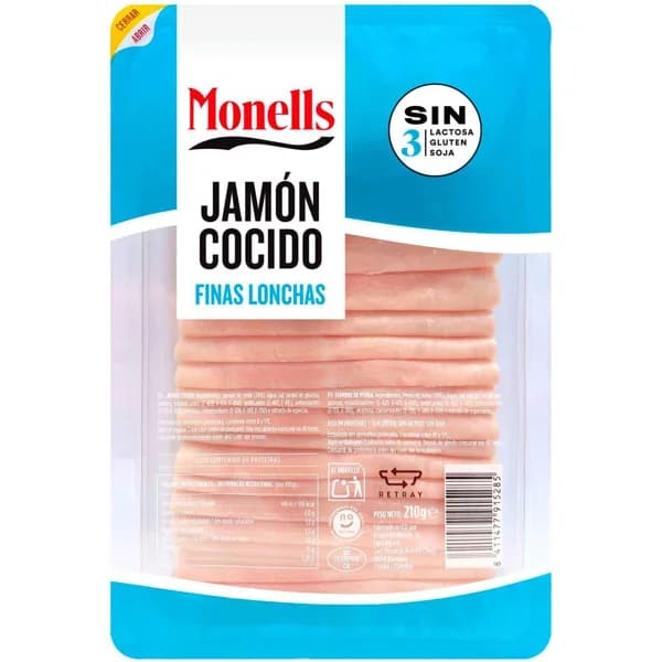 Jamón cocido extrajugoso MONELLS,  lonchas finas, sobre 210 g - 0.21 kg - Imagen del producto en Findit
