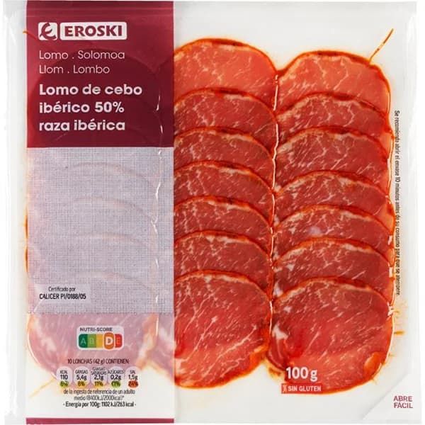Lomo de cebo ibérico 50% raza ibérica EROSKI, sobre 100 g - 0.1 kg - Imagen del producto en Findit