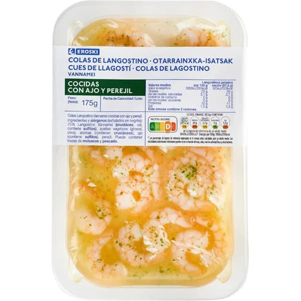 Colas de langostino con ajo y perejil EROSKI, bandeja 175 g - 0.18 kg - Imagen del producto en Findit
