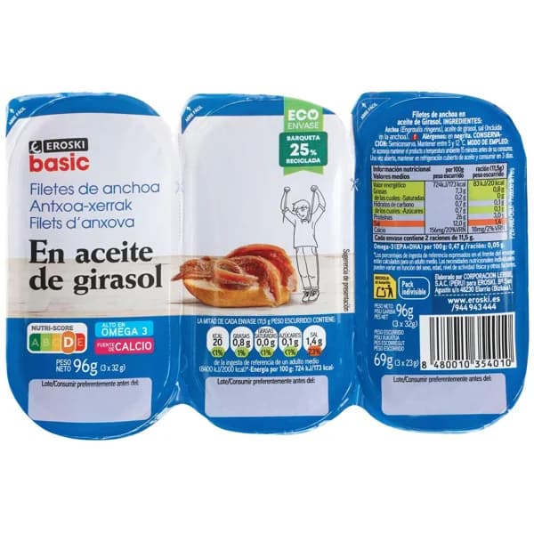 Filetes de anchoa en aceite de girasol EROSKI BASIC, pack 3x23 g - 0.07 kg - Imagen del producto en Findit