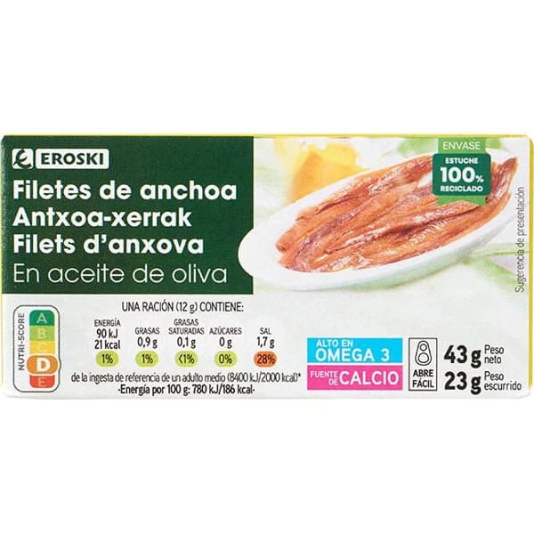 Anchoa en aceite de oliva EROSKI, lata 23 g - 0.02 kg - Imagen del producto en Findit