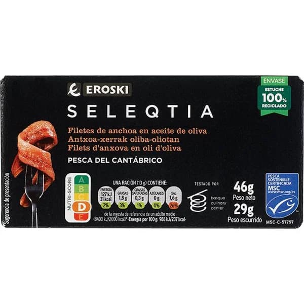 Filetes de anchoa en aceite de oliva Eroski SELEQTIA, lata 29 g - 0.03 kg - Imagen del producto en Findit