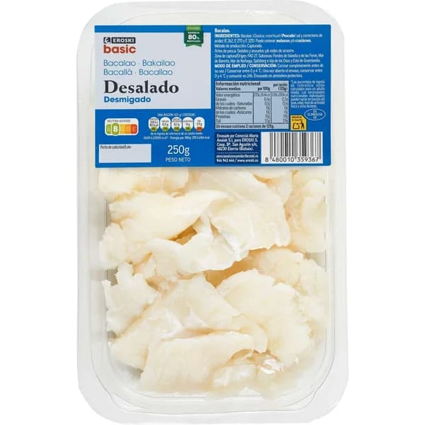 Bacalao desalado desmigado EROSKI BASIC, bandeja 250 g - 0.25 kg - Imagen del producto en Findit
