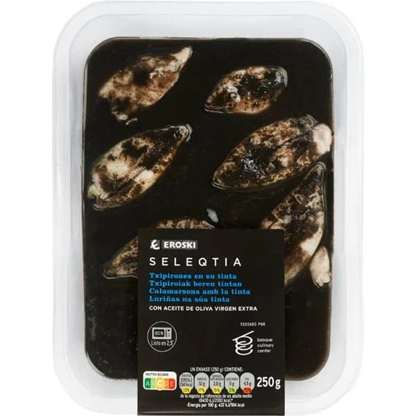 Chipirones en su tinta Eroski SELEQTIA, bandeja 250 g - 0.25 kg - Imagen del producto en Findit