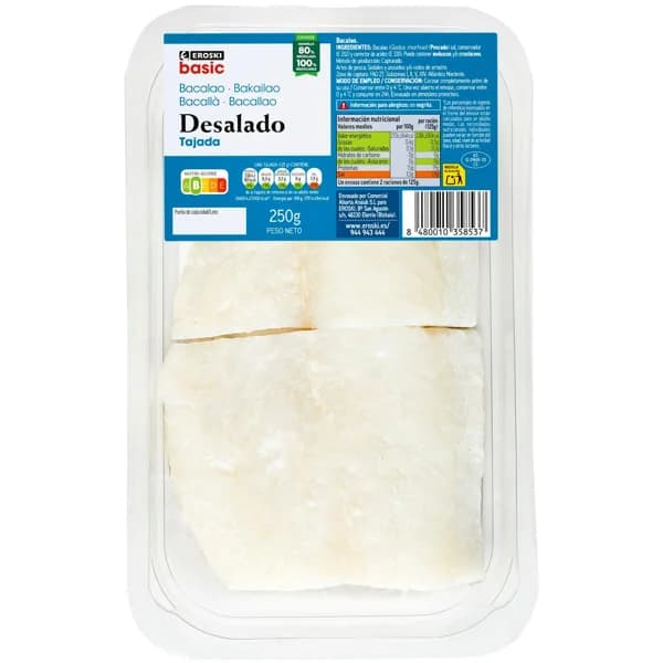 Tajada de bacalao desalado EROSKI BASIC, bandeja 250 g - 0.25 kg - Imagen del producto en Findit