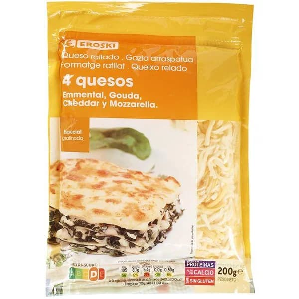 Queso rallado 4 quesos EROSKI, bolsa 200 g - 0.2 kg - Imagen del producto en Findit