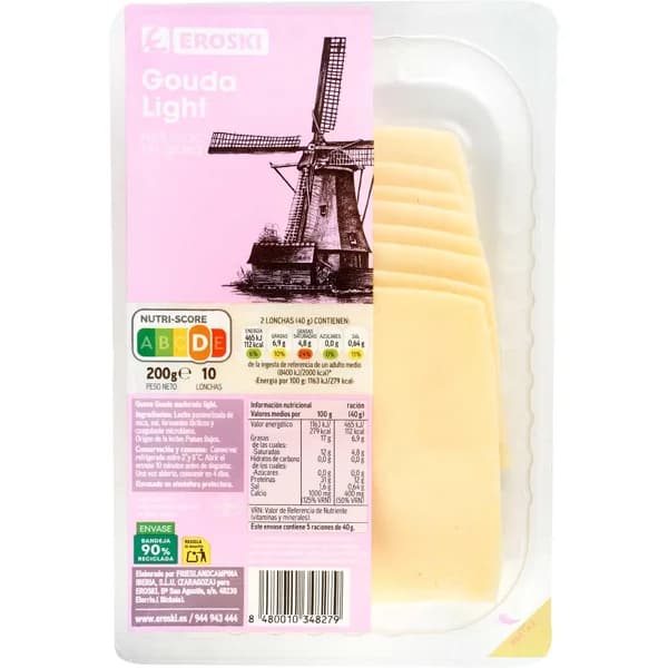 Lonchas de queso Gouda lignt EROSKI, 200g - 1 ud - Imagen del producto en Findit