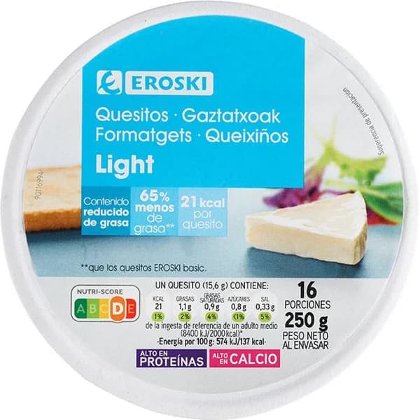 Quesitos light EROSKI, 16 porciones, caja 250 g - 0.25 kg - Imagen del producto en Findit