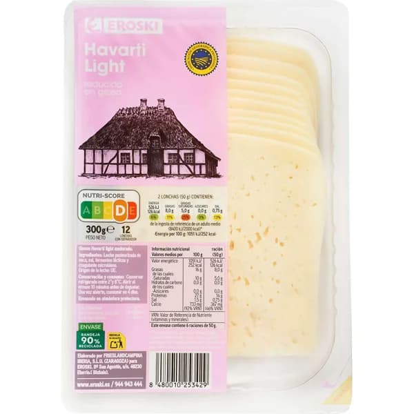 Queso Havarti light EROSKI, lonchas, bandeja 300 g - 0.3 kg - Imagen del producto en Findit