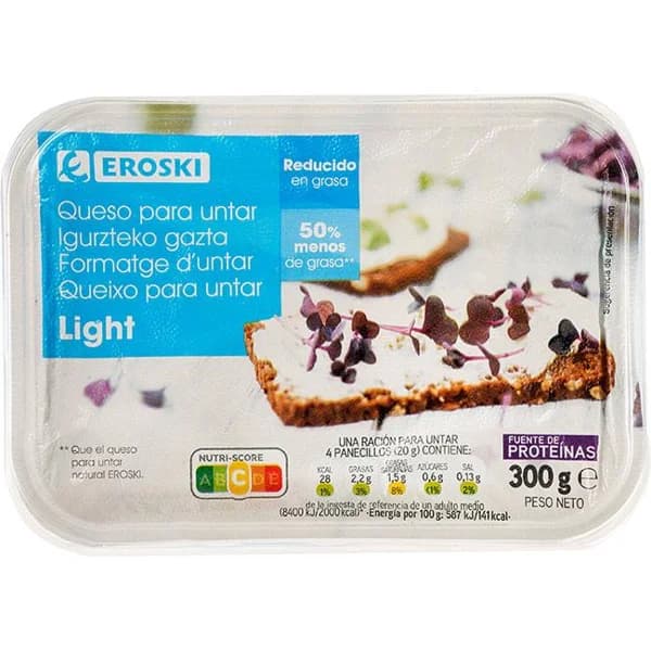 Queso de untar light EROSKI, tarrina 300 g - 0.3 kg - Imagen del producto en Findit