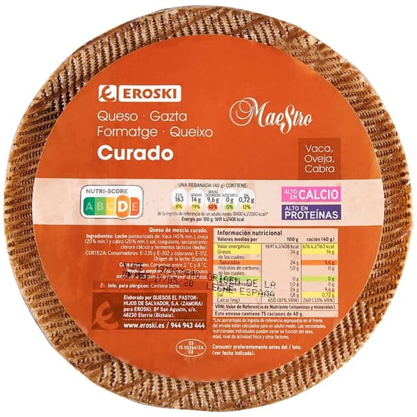 Queso mezcla curado EROSKI, al corte, compra mínima 250 g - 0.25 kg - Imagen del producto en Findit