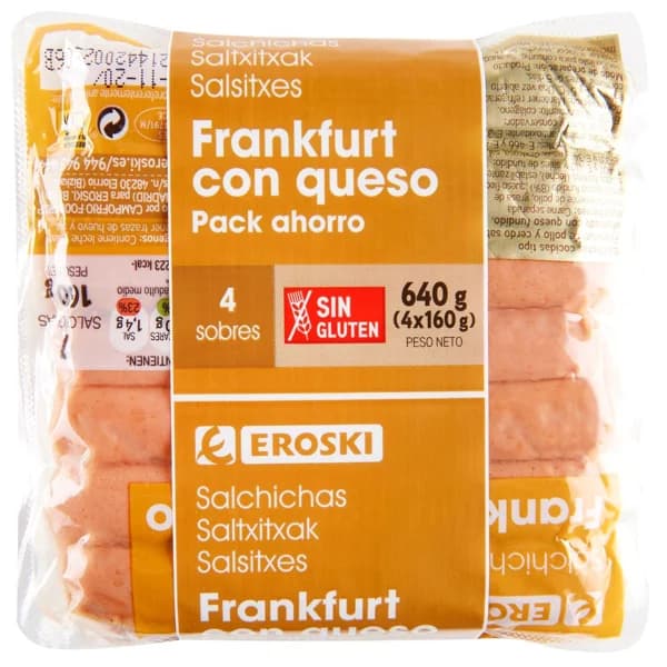 Salchichas Frankfurt con queso EROSKI, pack 4x160 g - 0.64 kg - Imagen del producto en Findit