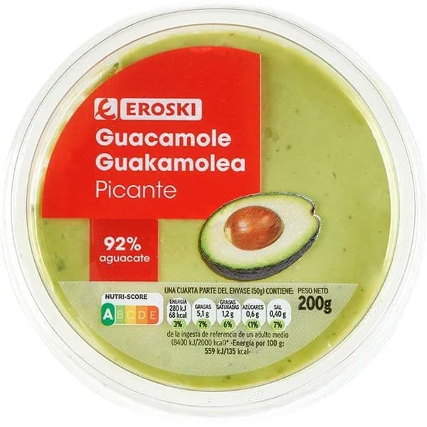 Guacamole picante EROSKI, tarrina 200 g - 0.2 kg - Imagen del producto en Findit