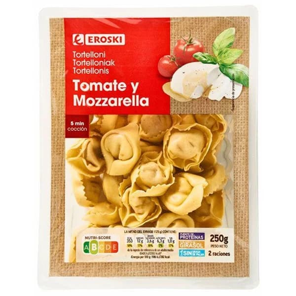 Tortellini con tomate-mozzarella EROSKI, bandeja 250 g - 1 ud - Imagen del producto en Findit