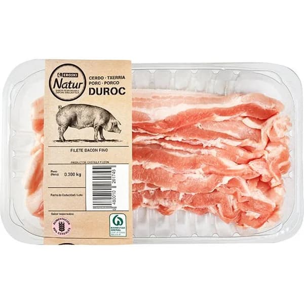 Bacón fino de cerdo Duroc EROSKI Natur, bandeja 300 g - 1 ud - Imagen del producto en Findit