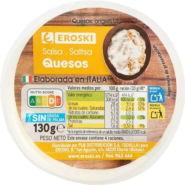 Salsa de quesos EROSKI, tarrina 130 g - 0.13 kg - Imagen del producto en Findit