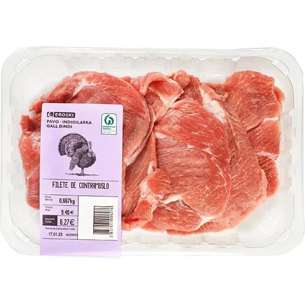 Filete de contramuslo de pavo sin hueso EROSKI, bandeja aprox. 500 g - 1 ud - Imagen del producto en Findit