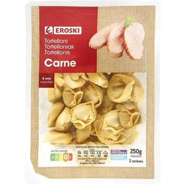 Tortellini con carne EROSKI, bandeja 250 g - 0.25 kg - Imagen del producto en Findit
