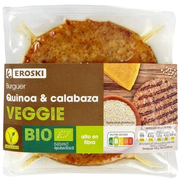 Burguers de quinoa y calabaza veggie EROSKI, pack 2x80 g - 1 ud - Imagen del producto en Findit