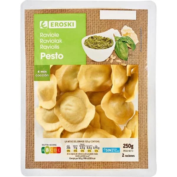 Ravioli relleno de pesto EROSKI, bandeja 250 g - 1 ud - Imagen del producto en Findit