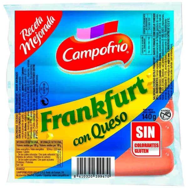 Salchicha Frankfurt con queso CAMPOFRÍO, sobre 140 g - 1 ud - Imagen del producto en Findit