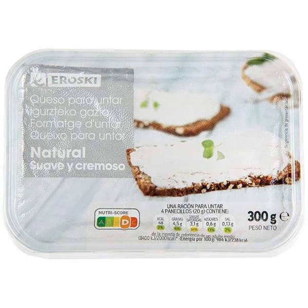Queso untar natural EROSKI, tarrina 300 g - 0.3 kg - Imagen del producto en Findit