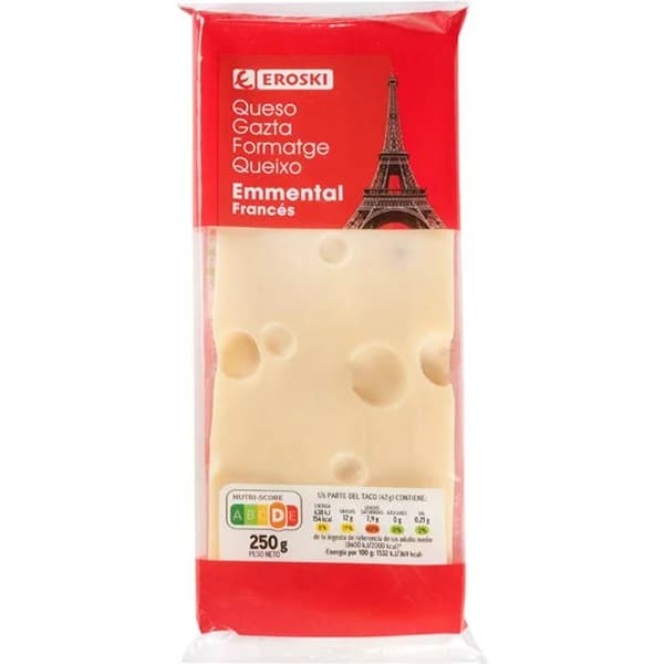 Queso Emmental EROSKI, taco 250 g - 0.25 kg - Imagen del producto en Findit