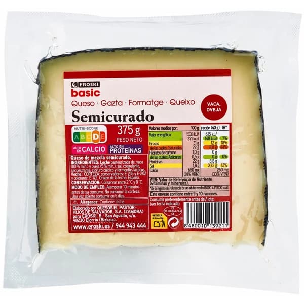 Queso semicurado EROSKI basic, cuña 375 g - 0.38 kg - Imagen del producto en Findit