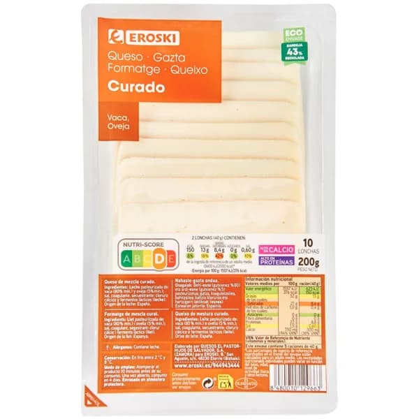 Queso curado EROSKI, lonchas, bandeja 200 g - 1 ud - Imagen del producto en Findit
